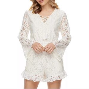 Beauty and the Beast White Lace Romper Bell Sleeves Elastic Waist Crisscross